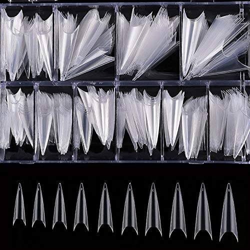 AORAEM Stiletto False Nail Tips Long Acrylic Clear Nail Artificial Press on Nail 10 Sizes 500Pcs with Box(Clear)