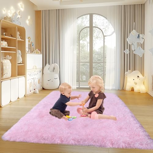 Pink Rugs for Living Room, 4x6 Feet Large Fluffy Area Rugs for Bedroom, Soft Carpet Shag Kids Rug with 4 Non-Slip Rug Pads (4ft x 6ft, Pink)