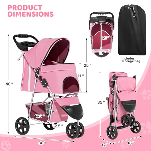 Image of Magshion 3-Wheel Pet Stroller, Foldable Travel Jogger for Small & Medium Dogs & Cats (Up to 33lbs), Lightweight Carrier with Breathable Mesh Cover, Cup Holder & Storage Basket, Pink
