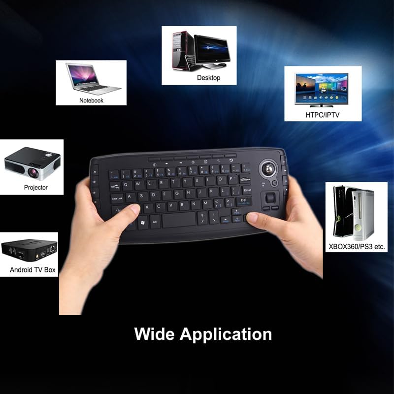 JOMAA Mini Ergonomic Keyboard demonstrating wide application with various devices like laptops, desktops, HTPC/IPTV, projectors, and Android TV Boxes.