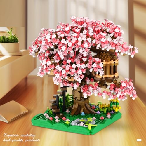 Pink Cherry Blossom Bonsai Tree Building Blocks Set,(1443 Pieces) Flower Treehouse Model Mini Building Block Toys,Tree House Model Toys Gifts for Kid and Adult