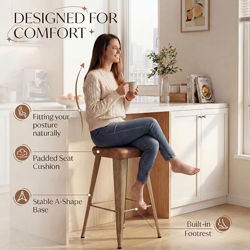 Image of Yongchuang 26 inch Bar Stools Set of 4 Upholstered Backless Counter Height Stools with Metal Legs PU Leather Modern Farmhouse Kitchen Island Barstools Walnut Brown