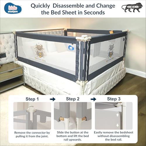 Image of Kids Station 1 Side Premium Bed Rail Guard (6.3ft x 2.6ft / 190cm x 80cm), Bed Railing for Baby Safety, Kids Toddler Bed Protector Side Walls, Adjustable Height, Portable & Foldable (Grey)