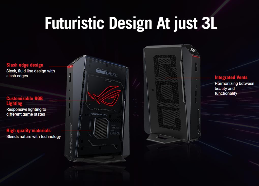 ROG NUC 2025 Mini PC con processore Intel Core Ultra 7, NVIDIA GeForce RTX 5060, DDR5 da 32 GB, SSD da 1 TB, 4K Ready, WiFi 7, Thunderbolt 5, effetti di illuminazione RGB, raffreddamento a tripla