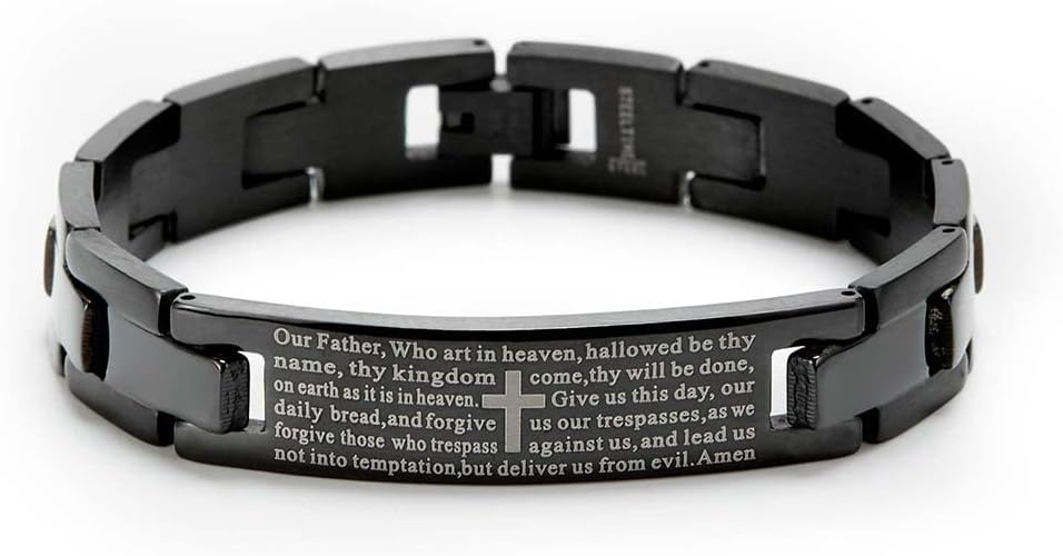 Engravable Lord's Prayer Bracelet for Him - Black Stainless Steel ID Bracelet - Men's Personalized Bracelets - Religious Gift for Him - Birthday Gift - Graduation Gift - Father's Day Gift - Gifts for