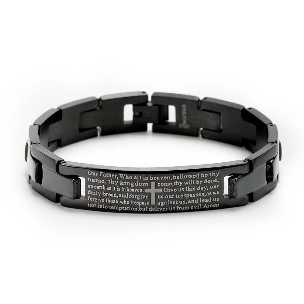 Engravable Lord's Prayer Bracelet for Him - Black Stainless Steel ID Bracelet - Men's Personalized Bracelets - Religious Gift for Him - Birthday Gift - Graduation Gift - Father's Day Gift - Gifts for