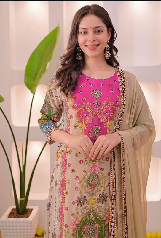 Image of Multicolor Printed Kurti Palazzo Set with Dupatta | Viscose Muslin Fabric Ethnic Suit | Soft Breathable Straight Kurta Palazzo Set Festive, Casual Office Wear Traditional Outfit