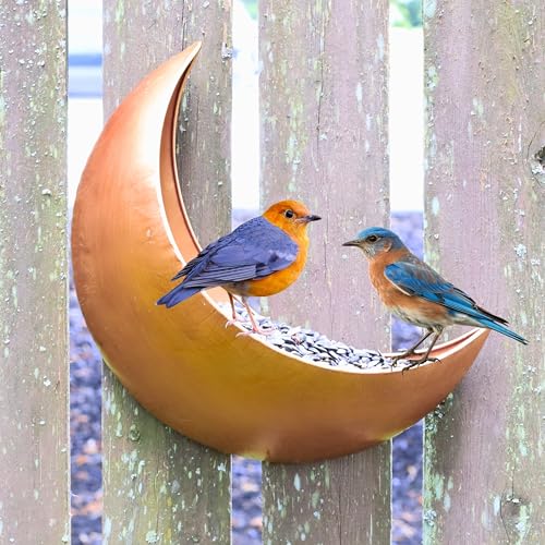 Fence & Tree Mounted Moon Bird Feeder Cardinal Squirrel Feeder Rustic Gold Metal Wall Bird Feeder for Outdoors Wild Bird Feeder for Bluebirds.