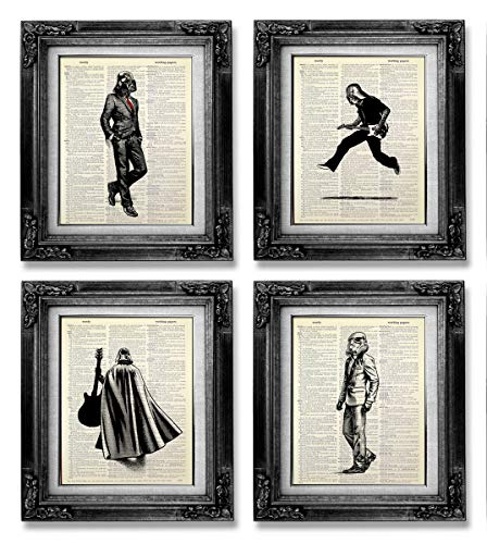 Star Wars Art Print Set of 4, Darth Vader Poster, Stormtrooper Wall Decor, Funny Music Star Wars Gift Set, Guitar Lover Office Decoration for Man, Kids Room Decor, Vintage Dictionary Art Print