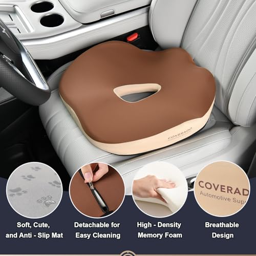 Image of Coverado Seat Cushion Pillow for Car Office Chair, Ergonomic Memory Foam Desk Chair Cushion Back Support Pillow, Sciatica & Back & Tailbone Pain Relief Cushion