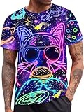 RAISEVERN Mens T-Shirts Funny Neon Cat Shirts Casual Cool Hip Hop Galaxy Space Rave Crewneck Short Sleeve Novelty Graphic Tees Holiday Festival Party Crazy T Shirt Unisex Summer Top