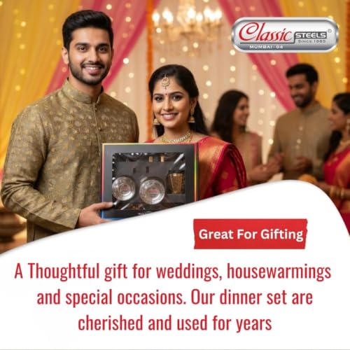 Image of Classic Steels Buffet Gold Hammered Stainless Steel Dinner Set (36 Pieces) Thali Set with 6 Dinner Plates, 12 Bowls, 6 Side Plates, 6 Glasses & 6 Spoons Food-Grade Tableware for Home Use & Gifting