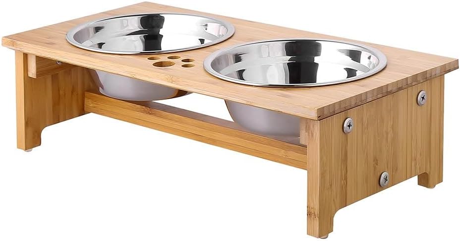 FOREYY Raised Pet Bowls for Cats and Small Dogs, Bamboo Elevated Dog Cat Food and Water Bowls Stand Feeder with Ceramic Bowls and Anti Slip Feet(Small)