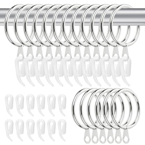 24 Pack Curtain Rings and Hooks, 30mm Metal Drapery Hanging Rings & 24pcs Curtain Hooks Plastic White for Curtains and Rods, Drape Sliding Eyelet Rings(Silver, 24 Pack)