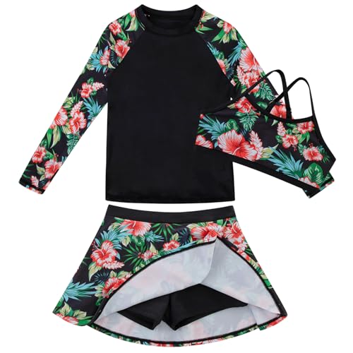 Image of Girls Swimsuit Long Sleeve Swim Shirt 3 Piece Rash Guard for Girls Bathing Suit with Boyshorts