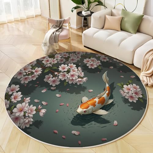 Tapis rond salon imprimé koï japonais et cerisier tapis de sol gris