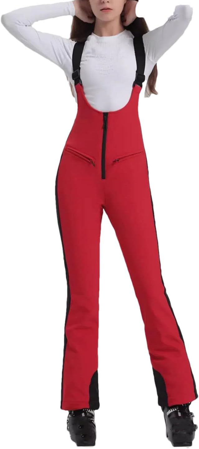 Women Ski Pant High Waist Elastic Snowboard Strap Pant Windproof Winter Zipper Thicken Thermal Trouser