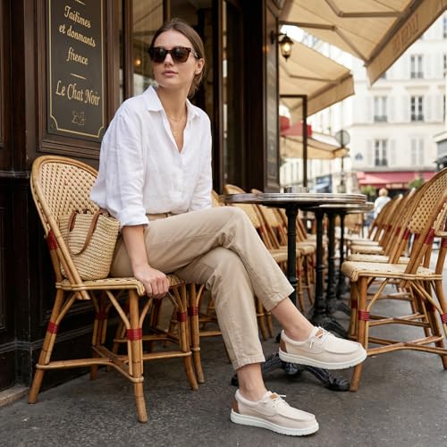Image of STQ Women's Slip On Arch Support Boat Shoes | Shock-absorbing Outsole, Ultra Lightweight, Breathable Canvas Upper, Adjustable Laces, Cushioned Insole