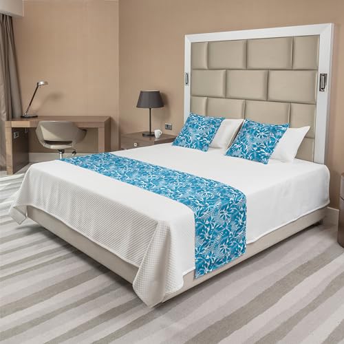 Ambesonne Aqua Bed Runner Set, Tropical Tree Leaves Pattern Hawaiian Nature and Vegetation Foliage in Blue and White, Decorative Bedding Scarf and 2 Pillow Shams for Hotels Homes, King, Blue White