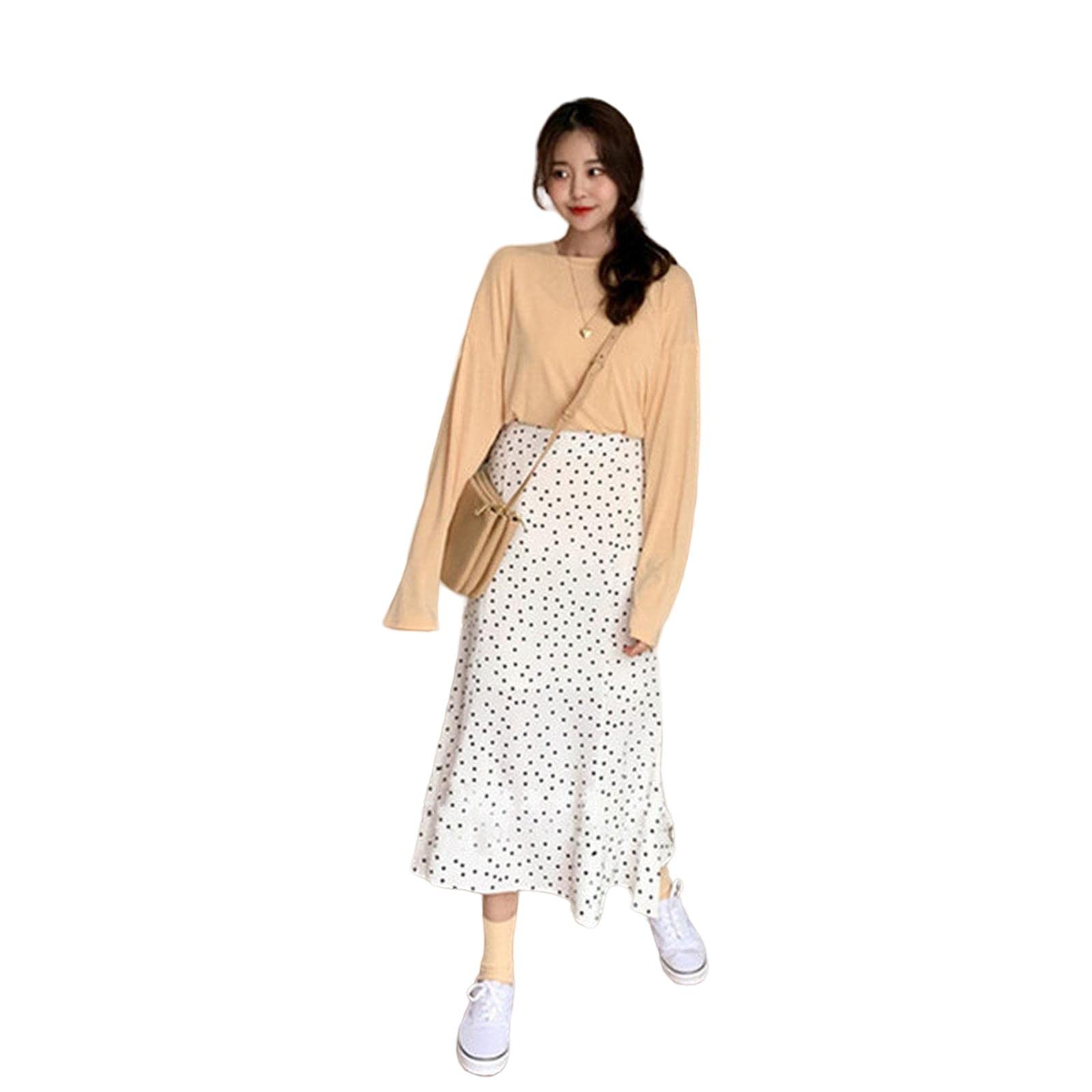 Falda larga de verano para mujer, diseño de lunares blancos y negros, cintura alta