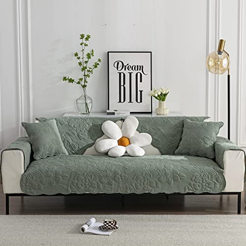 Xslive Vintage Floral Embroidery Sofa Couch Cover Soft Cotton Quilted Sectional Couch Cover Solid Non Slip Sofa Slipcover Furniture Protector For Living Room (Dark Green,28"X70") #TOP1