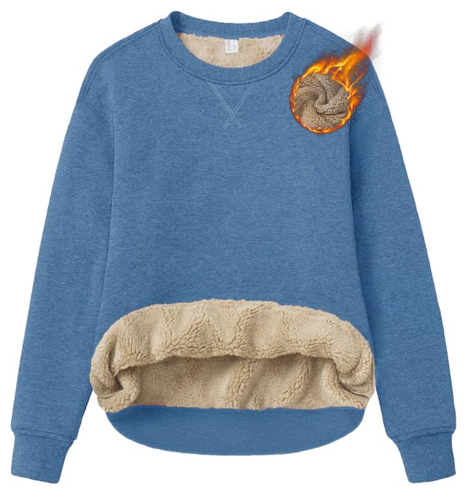 TACVASEN Damen Sweatshirt Langarm Fleece gefüttert Langarmshirt Pullover einfarbiger Rundhalsausschnitt Oberteil Ohne Kapuze(Graublau, M)