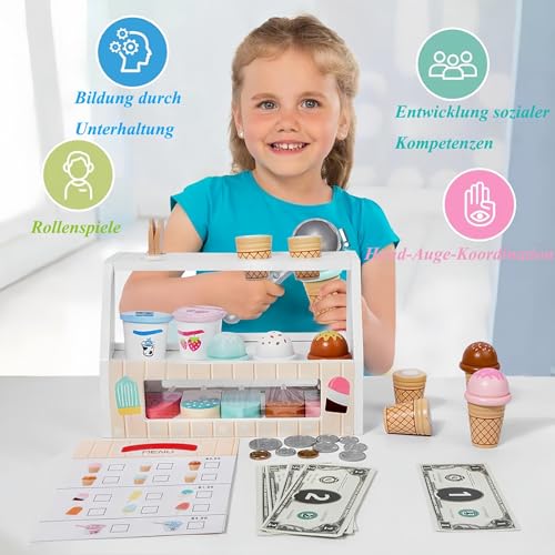 Eisdiele-Kinder-Holz, EIS-Spielzeug für Kind ab 6 Jahre, Holzspielzeug Küche Zubehör, Rollenspiele Eisladen Einkaufsladen für Mädchen, Hellgelb