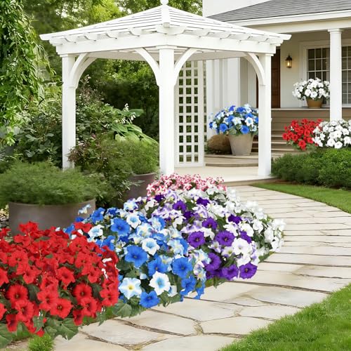 Image of Artificial Flowers for Outdoors, Faux Morning Glory Spring Summer Decoration, Fake Flowers Plants UV Resistant Look Real Silk Flowers for Outside Planter Front Door Porch Patio Yard (12, Purple-White)