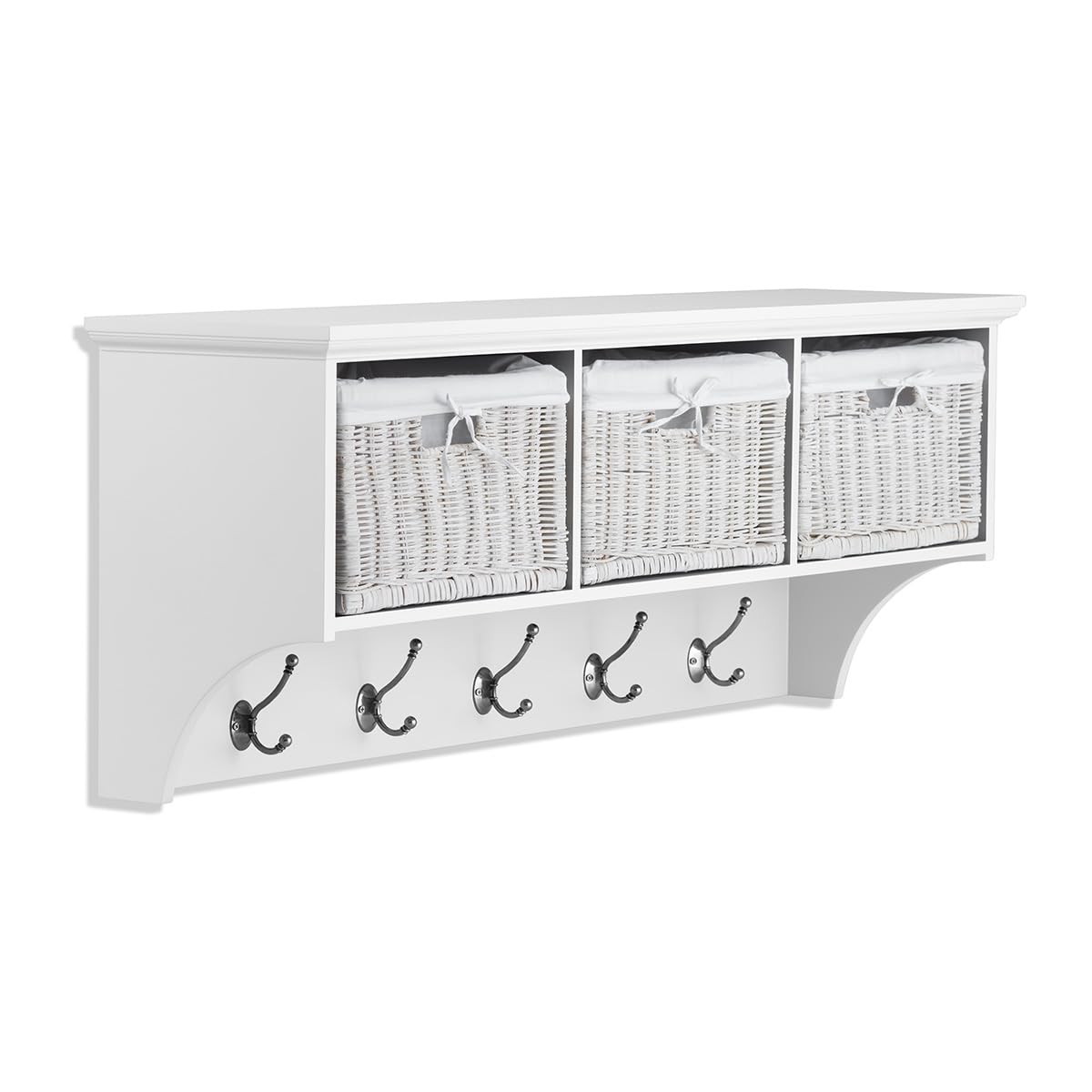 Statement Furniture White Tetbury Wall Mounted Coat Rack With 3 Storage Baskets | Hanging Shelf 113Cm Wide, 5 Double Hooks | Assembled Hallway Furniture (White)