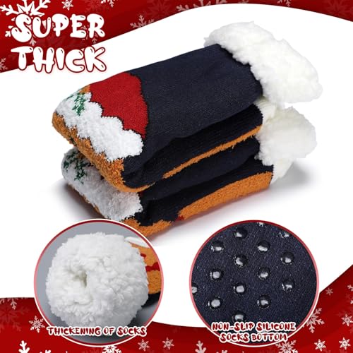 Image of Fourluoo 4 Packs Christmas Fuzzy Slipper Socks Xmas Fluffy Sherpa Thermal Socks with Grippers for Women men