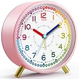 Zonopy Kinderwecker, geräuschlos, nicht tickend, analoge Lernuhr für Schulanfänger, stilvolle runde Metalluhr, leicht zu lesen, batteriebetrieben, lautes Klingeln