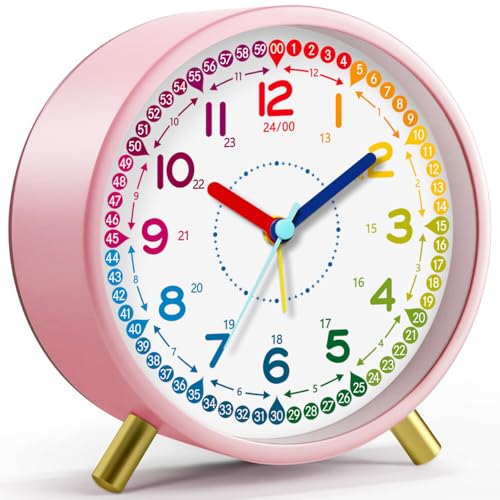 Zonopy Réveil pour enfants, silencieux et sans tic-tac, horloge d'apprentissage analogique pour débutants scolaires, horloge ronde élégante en métal,...