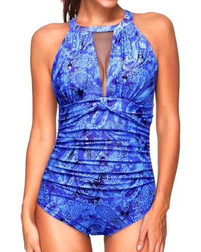Image of Tempt Me Women One Piece Swimsuit Tummy Control Bathing Suit | High neck, Removable cups, Full coverage, Ruched, Mesh, Full lining