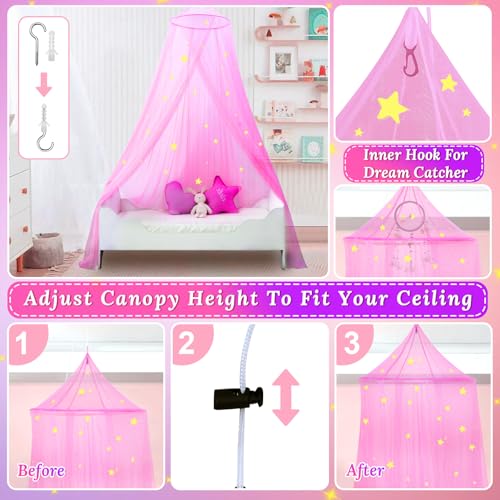 South to East Princess Bed Canopy for Girls with Glowing Stars, Pink Canopy for Girls Room, Bed Canopy Curtains from Ceiling for Twin Beds, Full Size Beds, Ideal Gift, Fire Retardant Fabric