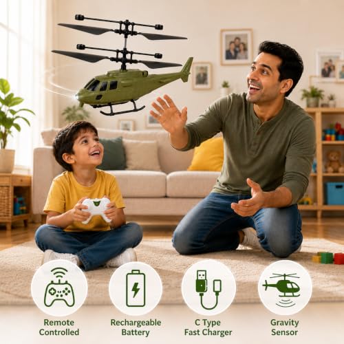 Image of Unique Design RC Helicopter for Kids with Safety Sensor & Gravity Sensor | LED Light | Rechargeable Flying Toy | Indoor & Outdoor Flying | Up & Down Movement | Remote Battery Not Included (Army Green)