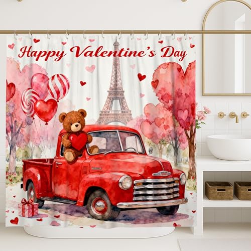 LKW-Duschvorhang, Valentinstag, romantische Herzen, Luftballons, Valentinstag, rot, waschbar, mit Haken, Toilettenstoff, Duschvorhänge für Zuhause, Badezimmer, WC, Hotel, Dekoration, 183 x 213 cm