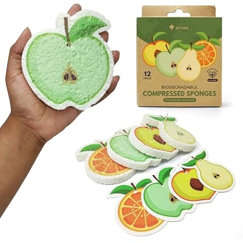 AIRNEX Biodegradable Cellulose Compressed Sponges Bulk - Fruit Shaped Kitchen Sponges Pack of 12 - Eco Friendly Compostable Dish Sponges for Washing Dishes - Odor Free Pop Up Natural Dish Sponges Cover
