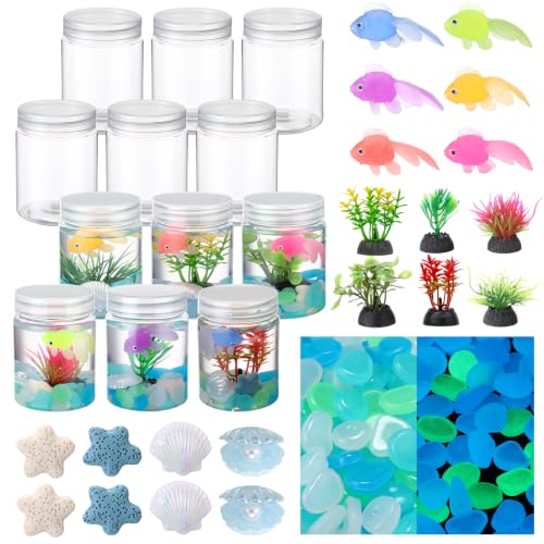 FoldTier 12 Set Fishbowl Craft Kit with Plastic Fish Bowl Floating Fake Goldfish Aquarium Plant Glow in The Dark Rock Seashell Mini Fish Tank Decoration Accessories for Party Supplies School Classroom