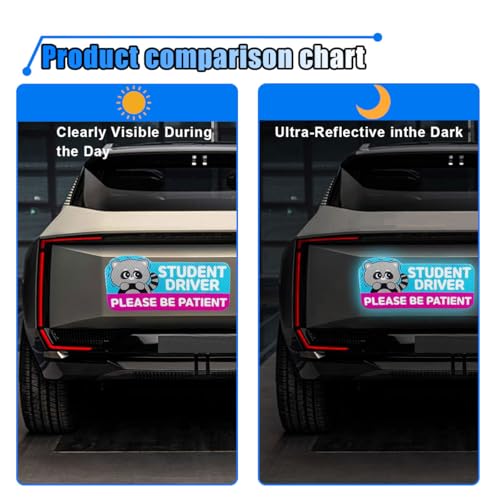 Image of Student Driver Car Magnet, Please Be Patient Reflective Magnetic Sticker, Removable New Driver Magnet Car Bumper Sticker, Cute Cartoon Pattern Safety Warning Sign for New Drivers (Raccoon)