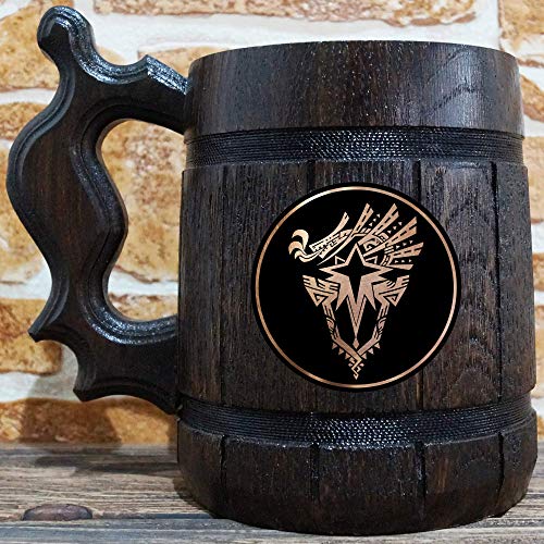 Monster Hunter World Beer Mug, MHW Beer Stein, Gamer Gift, Monster Hunter Iceborne Wooden Tankard, Gift for Men, Geek Gift for Him