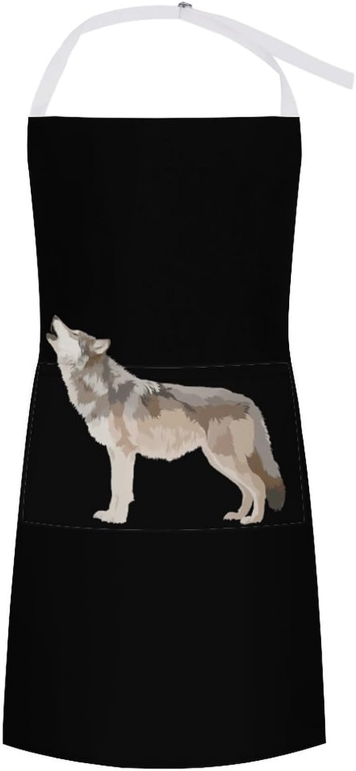 Wolf Howling Funny Apron Chef Aprons with Pockets for Gardening Cooking Kitchen