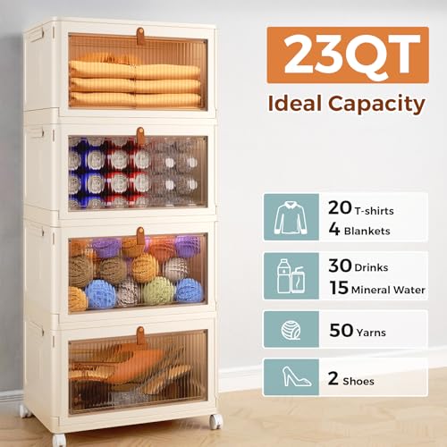 4 Tier Stackable Plastic Storage Bins with Lid and Wheels - 23 QT Closet Organizers and Storage, Foldable Storage Containers, Organization and Storage Boxes for Craft, Home, Pantry, Dorm,Yellow