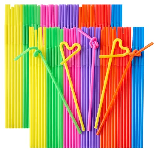 JOLLY CHEF 200PCS Plastic Disposable Straws Bendable Colorful Drinking 10.43 Inches Extra Long Colorful Flexible Straws for Home Use Milk Juice Drinks