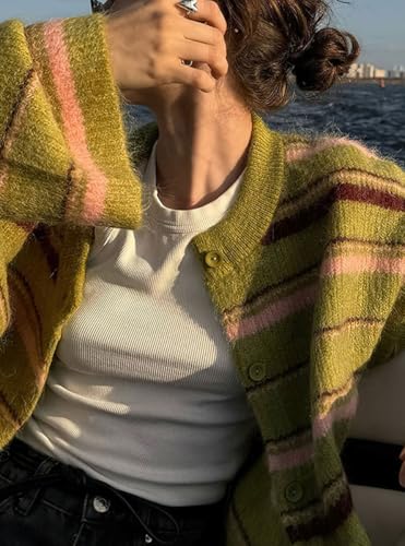 chouyatou Women's Chunky Color Block Striped Cardigan Sweaters Fuzzy Button Down Knitted Jacket Coat3
