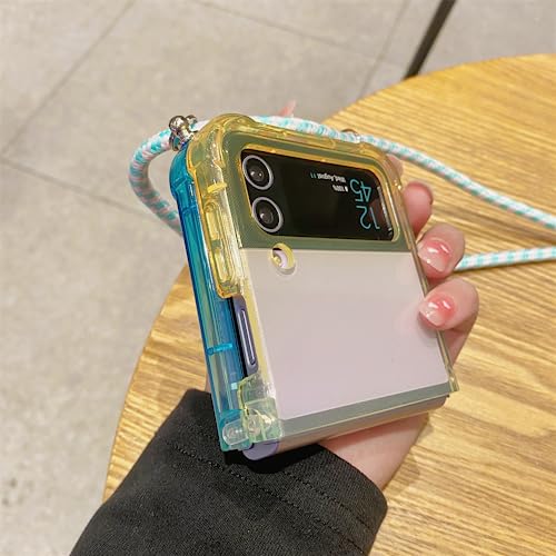 Coque Samsung Z Flip 4 et 3 transparente jaune bleu avec cordon amovible