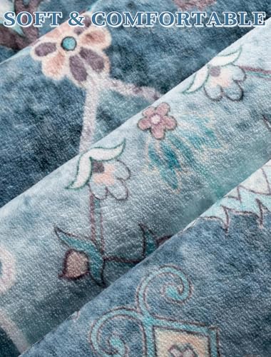 SERISSA Boho Washable Runner Rug, 2'6"x8' Non-Slip Vintage Blue Hallway Kitchen Runner Rug Ultra Soft Print Distressed Floor Carpet for Bedroom Bathroom Laundry Living Room