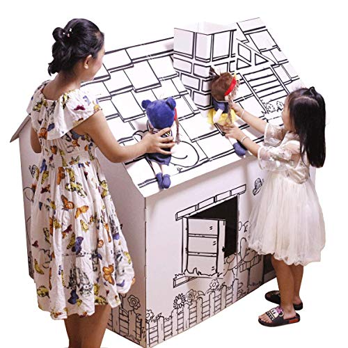 FUNTRESS Cardboard Playhouse for Kids with Markers to Color Gift for Children (49.2x35.5x52/34.2 Inch)