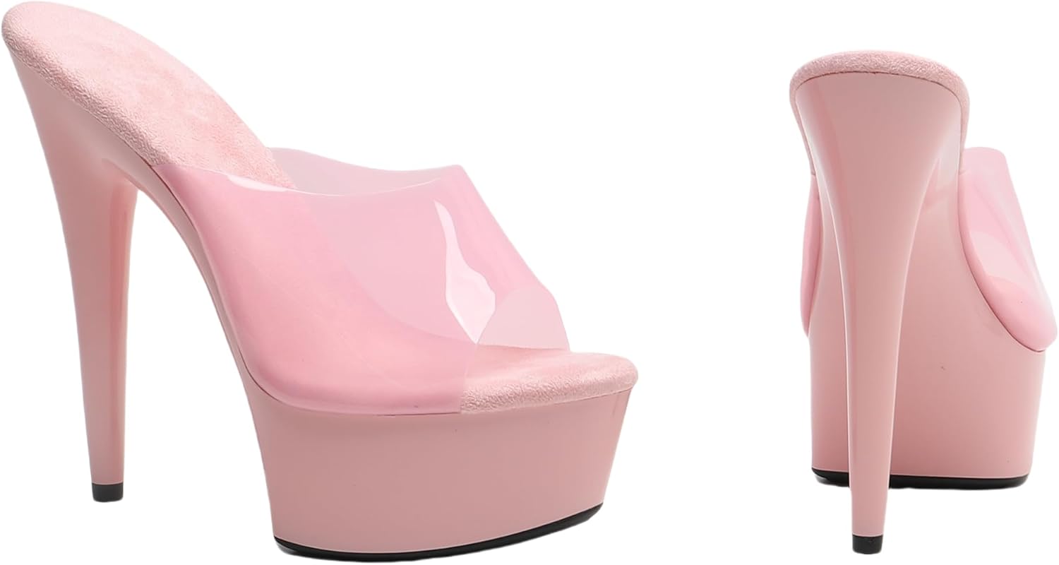 WUXIN H&P Women's 6in Pink Platform High Heels Sexy Stiletto Pole Dance Exotic Sandal Shoes, 15cm Open Toe Transparent Strap Comfortable Dress Shoes Slip on Mules US 5