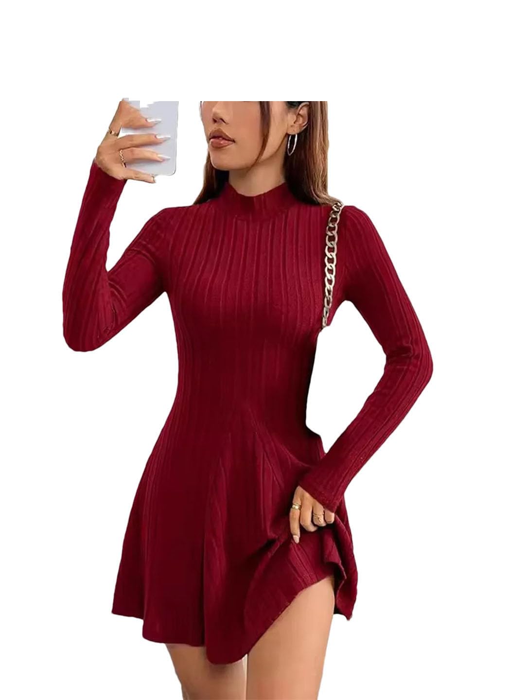 Womens Slim Fit Half High Collar Waist Cinched A-Line Skirt Long Sleeved Pit Stripe Dress