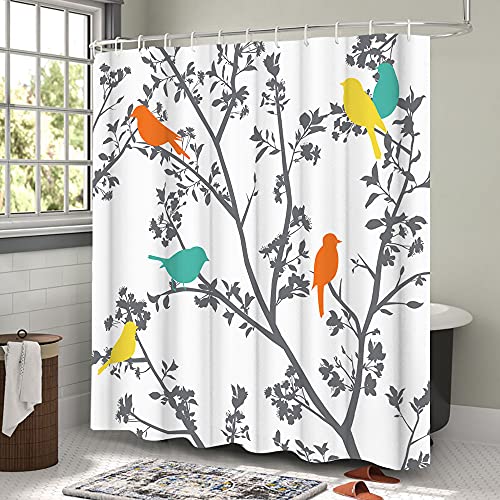 Birds Shower Curtain Watercolor Cute Lovely Bird Silhouette On Tree Branch Teal Green Yellow Animals Bathroom Decor Fabric Bath Set Polyester 72X72 Inch 12 Pack Hooks #TOP2